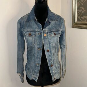 Madewell ripped Jean jacket hand‎ painted white glitter back angel wings Sz S